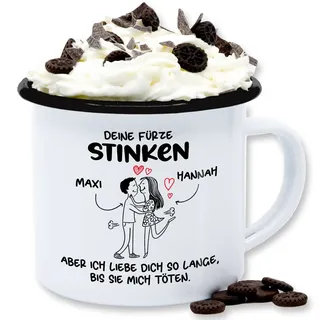 Emaille Tasse Blechtasse - Partner Freund & Freundin - Deine Fürze stinken I Paar Geschenke Pärchen Valentinstag - 300 ml - Weiß Schwarz - furz personalisierte liebeserklärung pups tassen