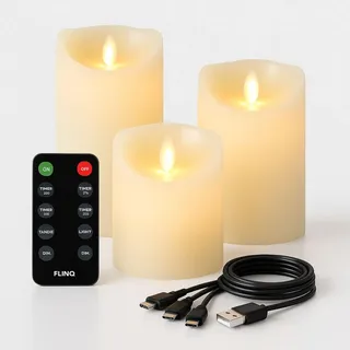 FLINQ LED Stumpenkerzen aus Echtwachs - Aufladbar mit Timerfunktion und Fernbedienung – 3 Stück Wiederaufladbare Kerzen mit Flackernde Flamme