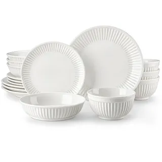 MALACASA Geschirr-Set 16tlg Tafelservice LEILA für 4 Personen, Porzellan Weiß Reliefglasur (16-tlg), 4 Personen, Porzellan weiß
