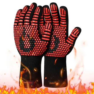 onlyfire Grillhandschuhe Hitzebeständig bis 800°C, Ofenhandschuhe Atmungsaktiv & Rutschfestem, Feuerfeste Handschuhe, Backhandschuhe für Küche Grill BBQ, Kochhandschuhe, Topfhandschuhe, Rot