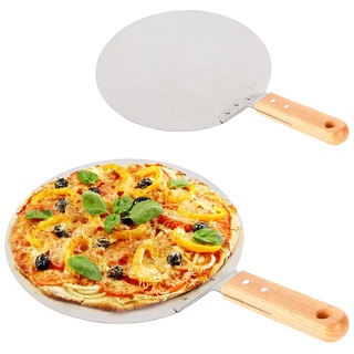 BAOCHADA Pizzaschaufel Pizzaschneider aus Rostfreiem Stahl, Runder Pizza Pieheber mit Holzgriff, Pizzaschieber für Pizza, Flammkuchen und Brot, Silber