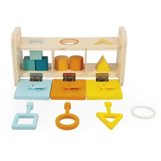 Janod - Essentiel - Der Schlüsselkasten - 2-in-1 Lernspiel aus Holz Babys und Kleinkinder - Erlernen von Formen und Farben und Feinmotorik - Farbe auf Wasserbasis - Ab 18 Monaten, J05065