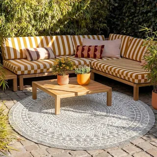 FRAAI | Home & Living In- & Outdoor Teppich Rund - Summer Azteca Hellgrau - Wetterfest - Polypropylen - Ø 120 cm - Balkon, Garten/Terrasse - Terrasse Teppich - Outdoor Rug