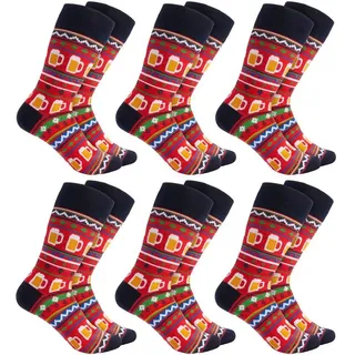 BRUBAKER Socken Weihnachtssocken für Damen und Herren - Weihnachtsmuster mit Bier Rot (Rot, 6-Paar, Xmas-Bier) Lustige Baumwollsocken für Weihnachten und Nikolaus bunt|rot 35-40