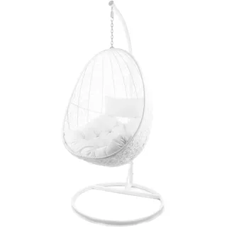 Kideo® Komplettset: Hängesessel mit Gestell & Kissen, Indoor & Outdoor, Poly-Rattan, Lounge (Gestell- und Korbfarbe: weiß, Kissen: weiß Chester-Stepp (1000 Snow))