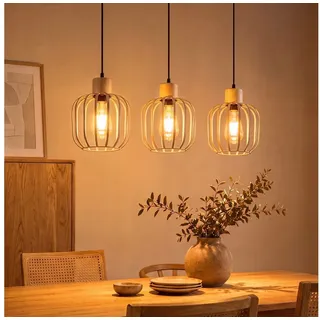 ZMH Pendelleuchte Grau & Weiß 3-flammige, E27, Holz+Eisen, für Esszimmer & Küche, ohne Leuchtmittel, Offener Lampenschirm, maximal 25 W pro Kopf, ohne Glühbirne grau