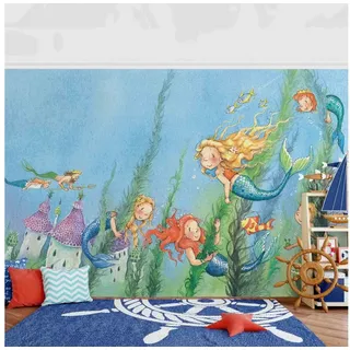 Bilderdepot24 Kindertapete Fototapete Kinderzimmer Meerjungfrau Türkis Meer, Glatt, Matt, Aquarell geruchsfrei Bildtapete Kinderzimmer Junge Mädchen Baby blau 2.88 m x 1.9 m
