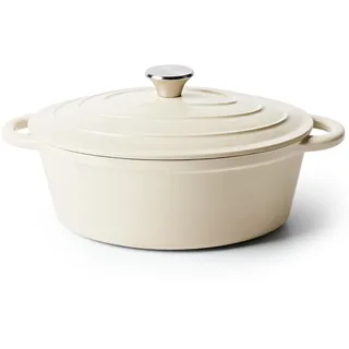 Ovaler Dutch Oven zum Brotbacken, 4,5 Quart Antihaft-Emaillierter Gusseisen-Dutch Oven Topf mit Deckel, ofenfest, ovale Kasserolle mit Deckel bis 260 °C zum Backen, Schmoren, Eintöpfe, Braten (Beige)