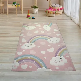 Kinderteppich Kinderzimmerteppich Regenbogen mit Wolken und Herzen in rosa Größe - 80 x 150 cm - Rosa