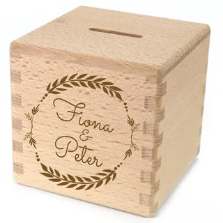 Spardose mit Namen graviert Sparwüfel zur Geburt, Hochzeit, Taufe aus Holz Kranz