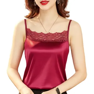 NOLEGA Damen Tank Top Sommer, Frauen Rote Seide Satin Leibchen Weste Hohle Spitze Blumen Nähen Sexy Spaghetti Mode Hemd Elegante Cami Tanktops Sommer Lässig Ärmellose Oberteile T-Shirt Bluse