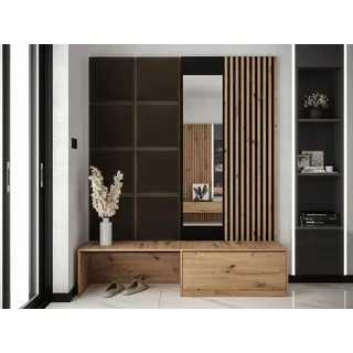 MIRJAN24 Garderoben-Set Premium, (Komplett-Set, Schuhschrank, Spiegel, Lamellen mit Kleiderhaken + Paneel 42x42), Griffloses Öffnungssystem braun