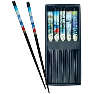 JADE TEMPLE Essstäbchen aus Holz, mit japanischen Motiv, wiederverwendbar, geriffelt ideal für Anfänger und Kinder, japanische Essstäbchen zum Essen von Sushi, schwarz, 22,5 cm, 5 Paar je Geschenkbox