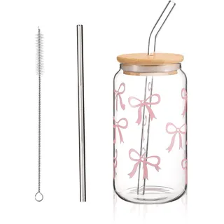 Cosmeria Aesthetic Trinkglas mit Strohhalm und Deckel, 16 oz Butterfly Bow Glass Cup with Lid, Straw, and Brush, Clean Girl Aesthetic Stuff for Women