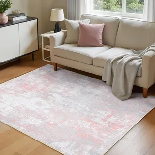 INOVADAY Waschbarer Teppich Wohnzimmer 120x180 cm Moderne Abstrakt Teppich Schlafzimmer mit Weichem Kurzflor rutschfest Minimalistische Teppiche für Lounge Esszimmer Rosa Grau