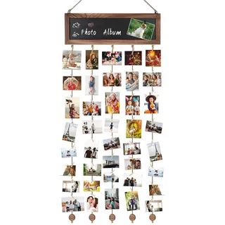 Suuwwn Fotovorhang mit 30 Holzklammern klein, Fotowand mit Klammern DIY Fotowand Fotogirlande Fotocollage Fotoleine Wandbehang Bilderrahmen für Wohnkultur