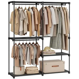 SONGMICS Kleiderständer Kleiderschrank offen, 3 Hängefächer, Kleiderstange, Garderobe schwarz 138 cm x 182 cm