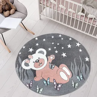 carpet city Teppich Kinderzimmer Teddy-Bär - Grau, Rosa - 120 cm Rund - Kinderteppich Kurzflor mit Sternen, Schmetterlingen - Weicher Flor