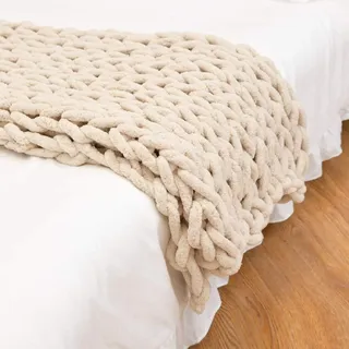 Vonluxeshop Decke aus dicker Wolle, Chunky Knit Tiro, Strickdecke für Betten, 80 x 100, Beige