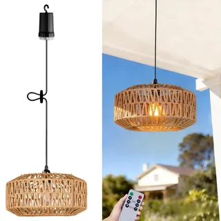 DTSDWA Boho Rattan Akku Hängelampe Dimmbar mit Fernbedienung Höhenverstellbar Deckenlampe Warmweiß Outdoor Pendelleuchte ohne Strom für Terrasse Pavillon Garten Hof