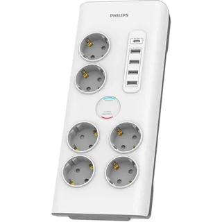 Philips SPN7060WA/10 Steckdosenleiste mit 6 Schuko-Steckdosen, 4 Ports USB 35 W und 1 Typ C, Stromblock, geflochtenes Kabel 2 Meter hochfest, Sicherheitsverschluss (Prot-LED-Anzeige), weiß
