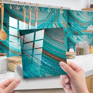 10 Stück Küchenrückwand Fliesenaufkleber, Hiser Marmor Mosaik Stil Wasserdicht Ölfest Stickerfliesen Marmor Deko Selbstklebende für Badezimmer Wohnzimmer Dekoration (Blau,20x20cm)