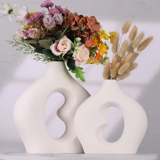 Donut Keramikvasen, 2er-Set, nordischer Stil, runde Vasen für Heimdekoration, minimalistische und moderne Dekoration. Perfekt als Esstischdekoration, Eingangsdekoration oder Kamindekoration