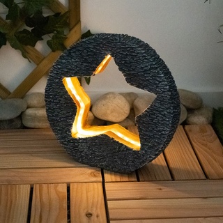 Solarleuchte Gartendeko für Außen Tischdeko Solarleuchte goldfarben Stein-Stern Optik, grau rund, LED warmweiß, LxH 31x29,5 cm