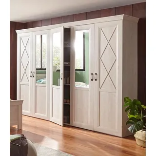 FORTE Kleiderschrank Kashmir, klassischer Landhausstil, Made in Europe (Maße (B/T/H): 255/63/221 cm) mit Spiegel und dekorativen Fräsungen und Elementen weiß