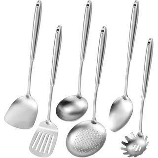 6-teiliges Kochutensilien-Set aus Edelstahl, Hitzebeständig | Küchenwerkzeug-Set mit aufhängbarer Wendern, Servierlöffel, Kelle, Schaumlöffel, Pastalöffel, Spülmaschinenfest