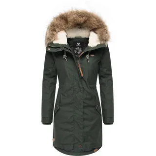 Winterjacke RAGWEAR "Tawny", Damen, Gr. XL (42), grün (flaschengrün), Außenmaterial: 65% Polyester, 35% Baumwolle. Innenfutter: 100% Polyester. Wattierung: 100% Polyester, tailliert ca. Mitte Oberschenkel, mit Knopf Rippstrickbündchen, Jacken Winterjacke, stylischer Winterparka mit großer Kapuze und Kunstfellkragen