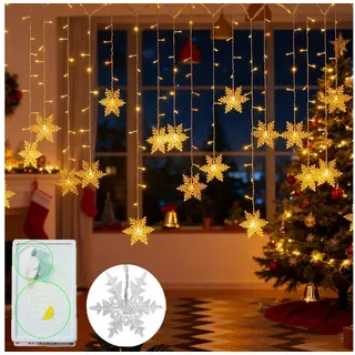 Qualra Lichtervorhang 96LEDs Schneeflocke Lichtervorhang Weihnachtsbeleuchtung Fensterdeko, 8 Modi Innen Weihnachten Fenster Lichterkette