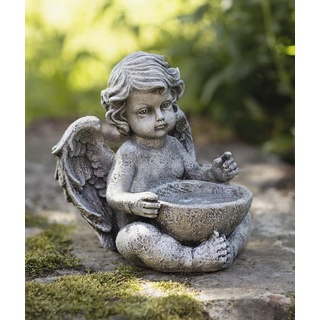 Dekofigur "Engel mit Schale" in Stein Optik, Gartendekofigur, Vogeltränke, Vogelbad, Garten-Deko für Draußen, Engelfigur mit Wasserschale