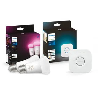 Philips Hue White and Col. Amb. E27 LED Lampen 2-er Pack, 800lm, inkl. Hue Bridge, dimmbar, 16 Mio. Farben, steuerbar via App und Sprache, weiß