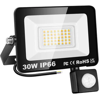 PICAA 30W LED Strahler Außen mit Bewegungsmelder, 3000LM Außenstrahler, 3000K Warmweiß LED Fluter Scheinwerfer Flutlicht für Garten, Innenhöfe, Garage