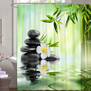 M&W DAS DESIGN Duschvorhang Bambus auf Wasser leichten Nebel reflektiert Textil Vorhang grün exotisch Stein Relax Schimmelresistent Bambusblatt Spa Ruhe inkl. 8 C-Ringe Gewicht unten
