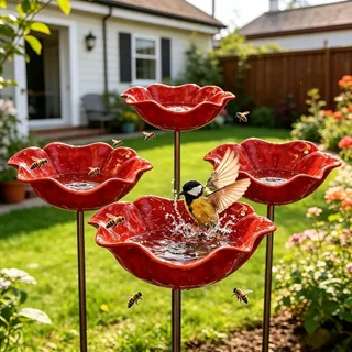 Vogeltränke Blume Aus Metall,handgefertigter Gartenstecker,winterfeste Vogeltränke & Insektentränke,bienentränke Für Garten Und Terrasse,rot,4er-pack
