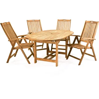 Divero 5er Set Sitzgruppe PIEMONT – ausziehbarer Esstisch + 4 x Klappstuhl mit Armlehne aus Teak-Holz, behandelt – Farbe: Braun