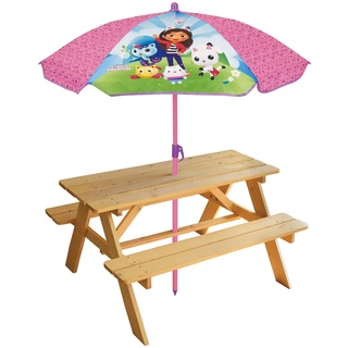 FUN HOUSE 713609, Kinder Gabby UND DAS Magie Haus Picknick-Tisch aus Holz, Höhe 53 x 95, Sonnenschirm H 125 x Ø 100 cm, Rosa