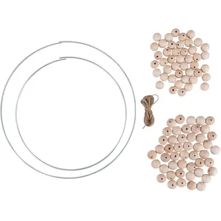 Rayher DIY Deko „Holzkugel-Kranz“, Bastelpackung 2 Stück, 25 und 30 cm ø, Rohholzkugeln FSC Zertifiziert, Metallringe, Sisalkordel, Set 94teilig, Dekokranz, Dekoring, 63160000