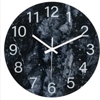 LW Collection Wanduhr Glas Marmor Lina Schwarz Weiß 30cm - kleine Uhr - leise Wanduhr - Küchenuhr leises Uhrwerk- Marmoruhr