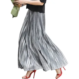 Xinqiao Damen Metallic Glänzend Elastisch Hohe Taille Plissee Lange Maxi Party Rock, silber, 44 - 44