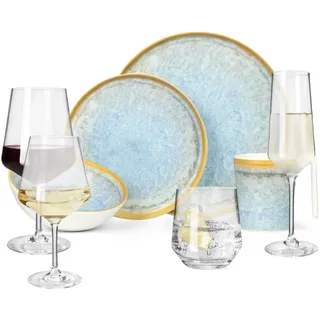 Melamin Camping Geschirr Set 4 Personen Crystal Blue + 16 Milano Gläser Wassergläser Weingläser Champagner-Gläser Flûtes Tafelgeschirr Picknick BBQ Kochgeschirr