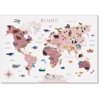 Kinderzimmer Weltkarte Poster mit mehr als 50 Tieren I Bunte Tierweltkarte Wanddeko für Jungen und Mädchen I Hochwertiger Druck (Rosa, 100x70cm)