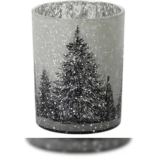 Christmas Decorations Teelichthalter Glas 8cm - Teelichtglas mit Tannenbaum Motiv Tischdeko Kerzenglas Windlicht Kerzenhalter Dekoglas Windlichtglas Windlichthalter Grau