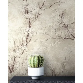 Newroom Vliestapete Bene Muster 1, Beige Tapete Leicht Glänzend Floral - Blumentapete Mustertapete Weiß Schwarz Baum Modern für Schlafzimmer Wohnzimmer Küche, Mustertapete beige