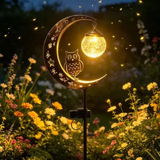Skeadex Mond Solarlampen für Außen Garten, Eule Solarstecker Solarleuchten Garten mit LED Glaskugel, Wasserdichte Mond Gartenleuchten Solar Metall Solar Gartenstecker für Terrasse Balkon Weg Rasen (A)