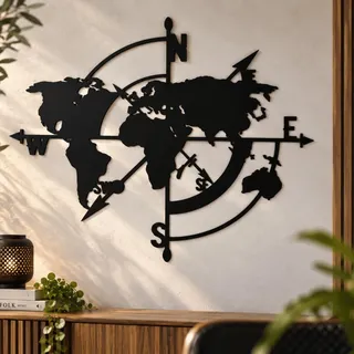 Terma Stahldesign Wanddeko Kompass 75 cm schwarz XXL Weltkarte Made in Germany Bild Dekoration Metall Rose Natur Wanddekoration Deko Metall Wand Bild Deko Wohnzimmer Wandbild Schlafzimmer Industrial