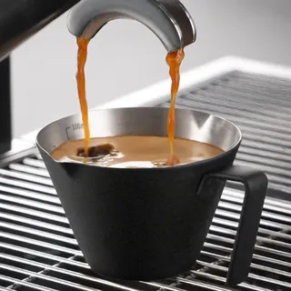 YARRAMATE Espressotassen mit Griff, Edelstahl-Espresso-Zubehör, Doppelausguss, Metall-Messbecher mit Doppelskala, Espresso-Schnapsbecher mit V-förmigem Mund, 100 ml, silberfarben (1, 02_Schwarz)