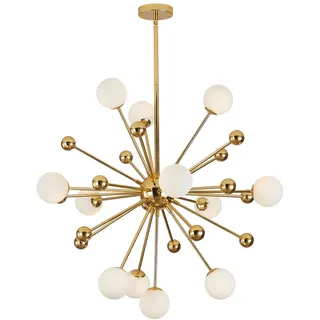 KCO Lighting Moderner goldener Sputnik-Kronleuchter, 12-flammige weiße Glaskugel-Hängeleuchte, Starburst-Kronleuchter aus der Mitte des Jahrhunderts für Wohnzimmer und Esszimmer (12-flammig)